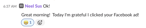 Slack message from Neel Sus: Great morning! Today I'm grateful I clicked your Facebook ad!